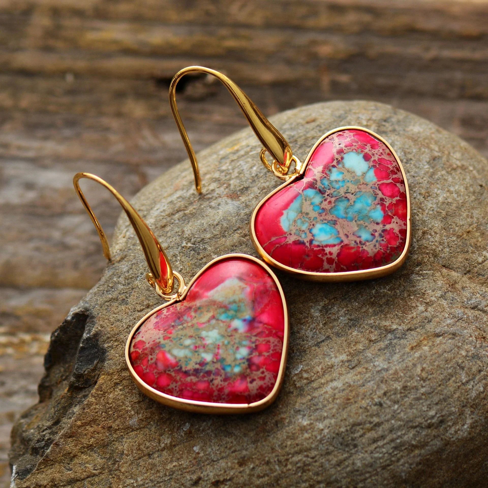 14K Gold-Plated Natural Stone Heart Drop Earrings - Southern Shores Clothing