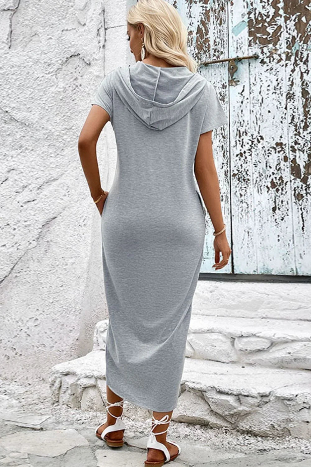 Perfee Short Sleeve Front Slit Hooded Dress - Southern Shores Clothing