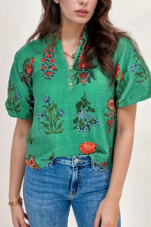 Floral Print Notched Short Sleeve Blouse With Buttoned Detail - Southern Shores Clothing