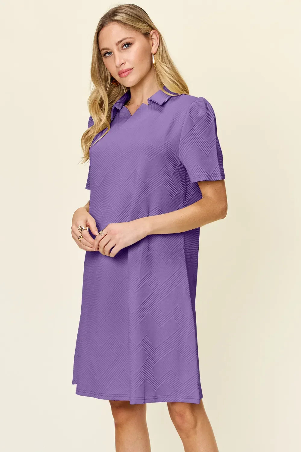 Textured Collared Neck Short Sleeve Dress - Southern Shores Clothing