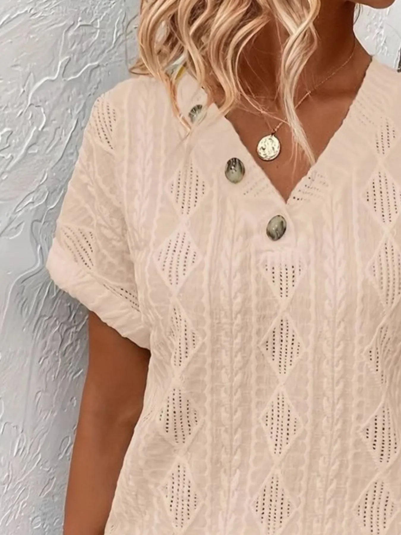 Textured V-Neck Short Sleeve Buttoned Top With Openwork - Southern Shores Clothing