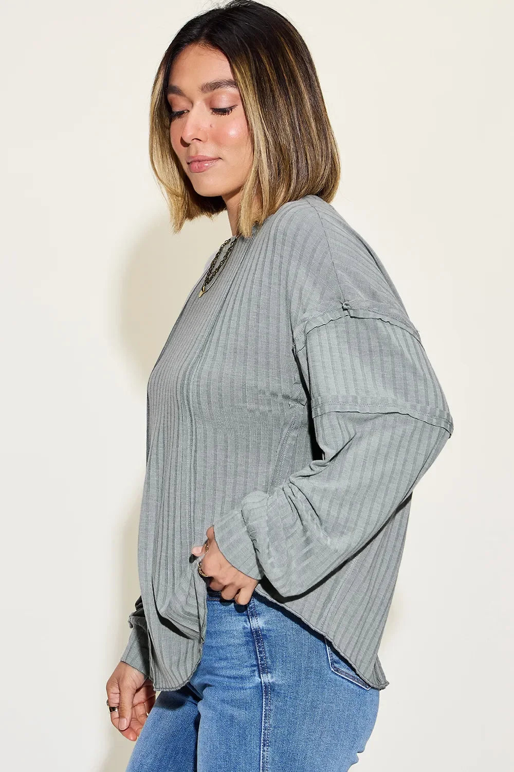 Ribbed Round Neck Long Sleeve T Shirt Basics - Southern Shores Clothing