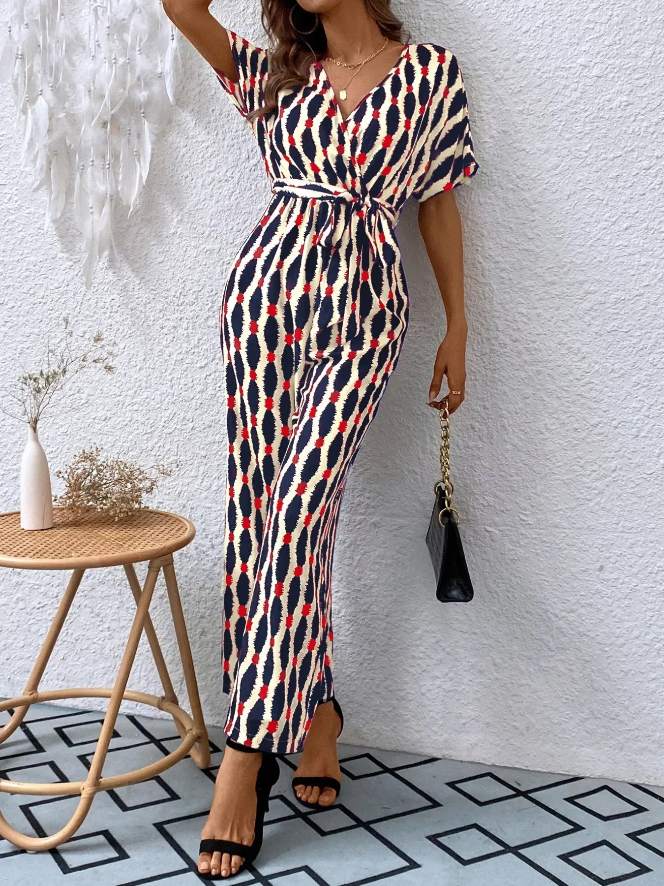 Printed Surplice Tie Waist Short Sleeve Jumpsuit - Southern Shores Clothing