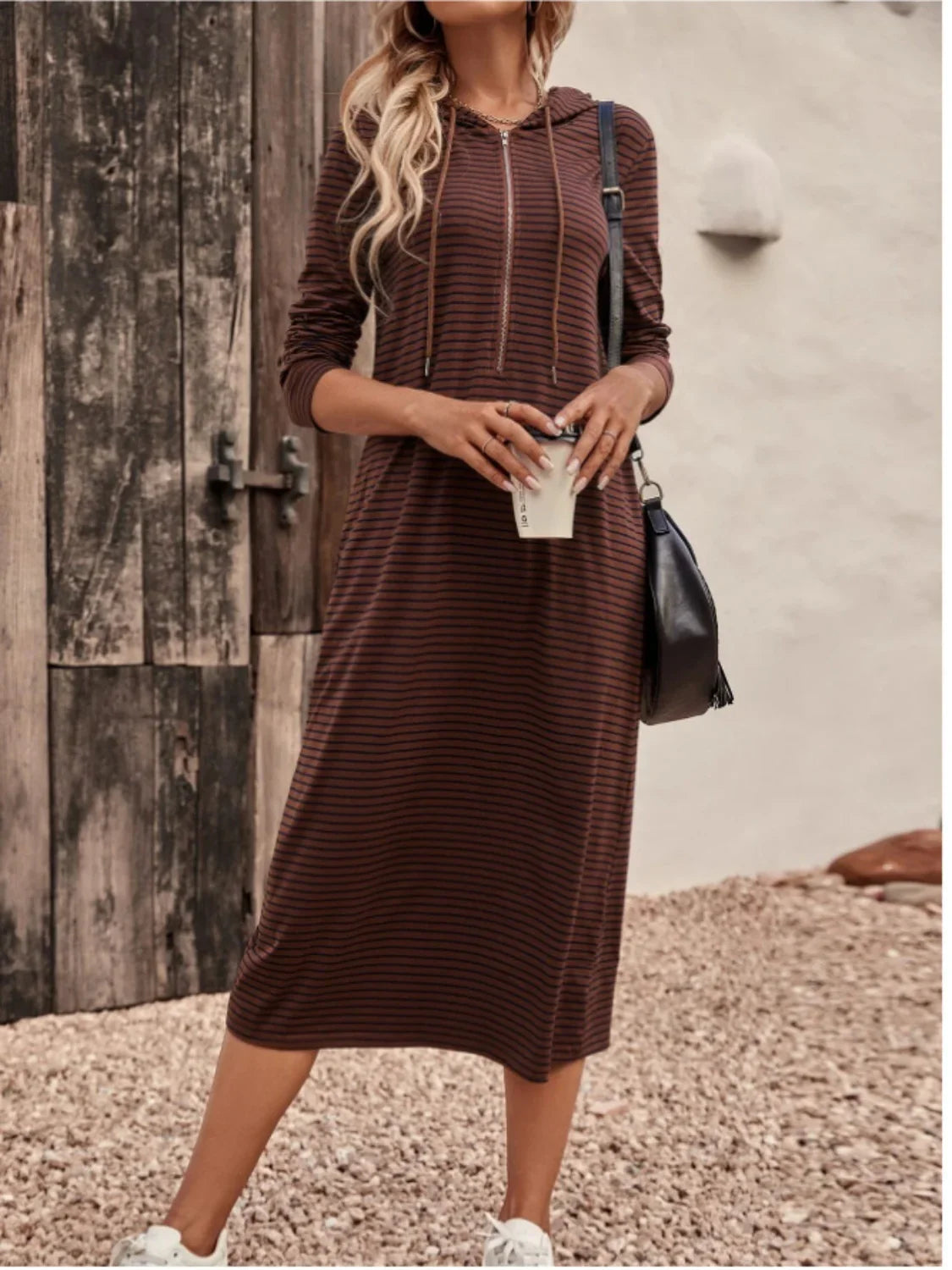 Striped Zip Front Hooded Dress - Southern Shores Clothing
