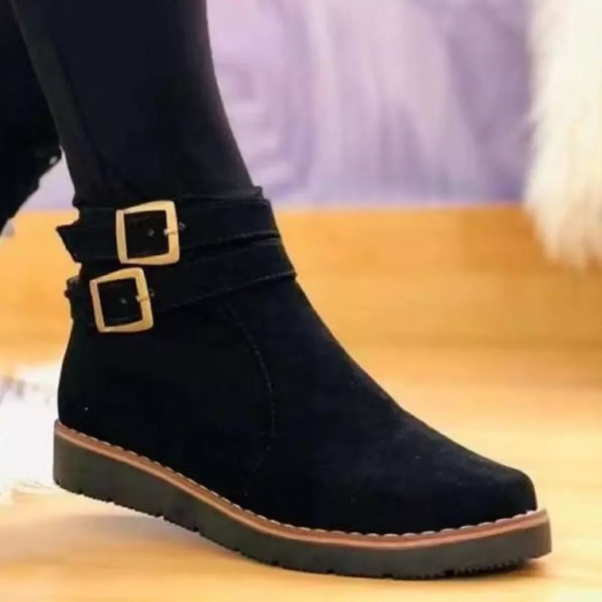 Buckle Accent Suede Ankle Boots With Rubber Sole - Southern Shores Clothing