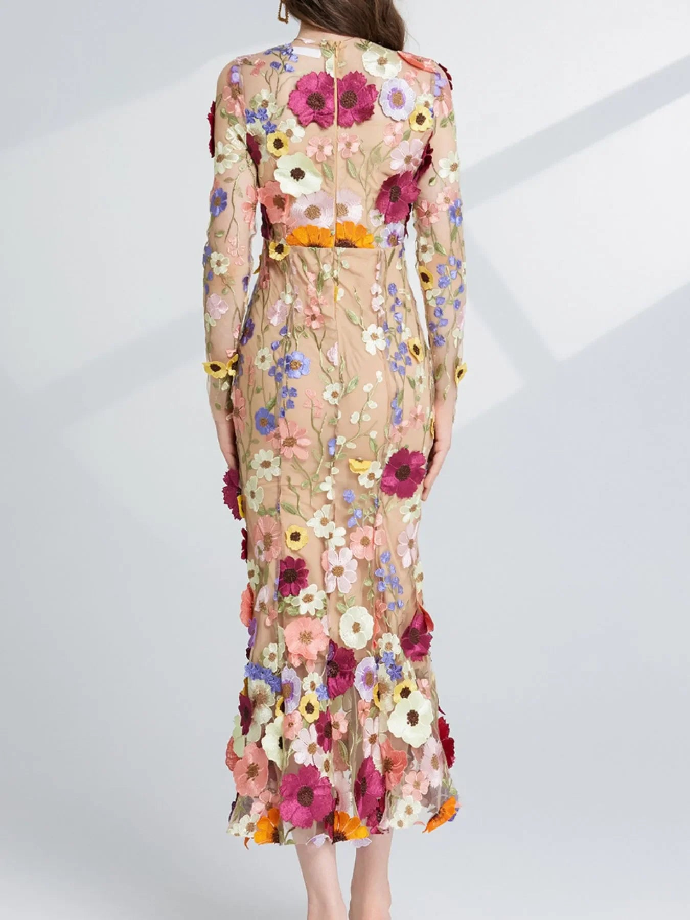 Floral Embroidered Magnolia Mesh Long Sleeve Midi Dress - Southern Shores Clothing