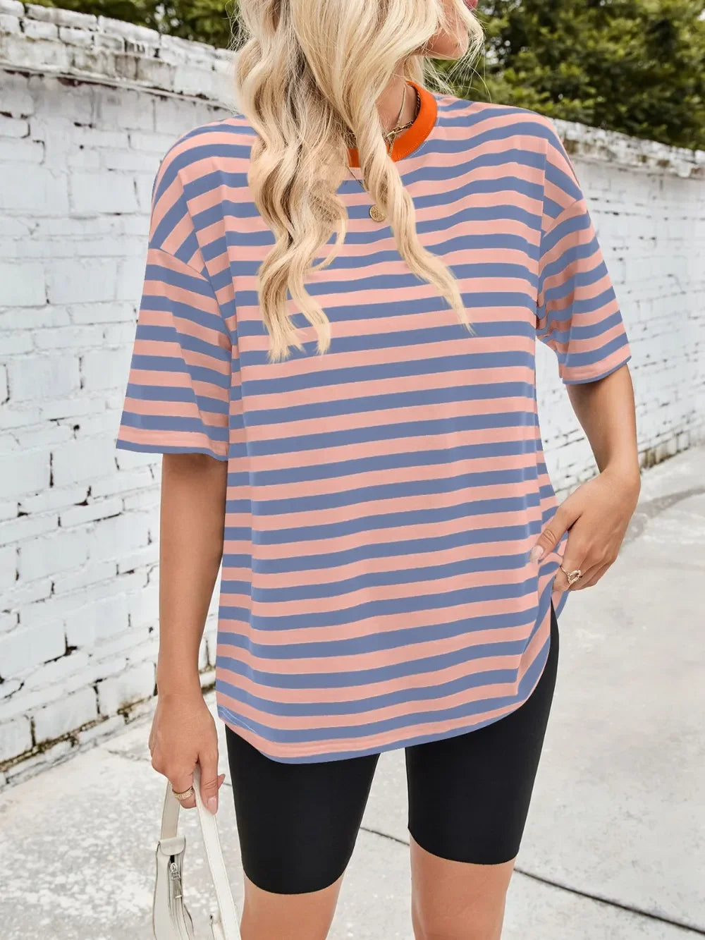 Striped Round Neck Half Sleeve Stretchy T Shirt - Southern Shores Clothing