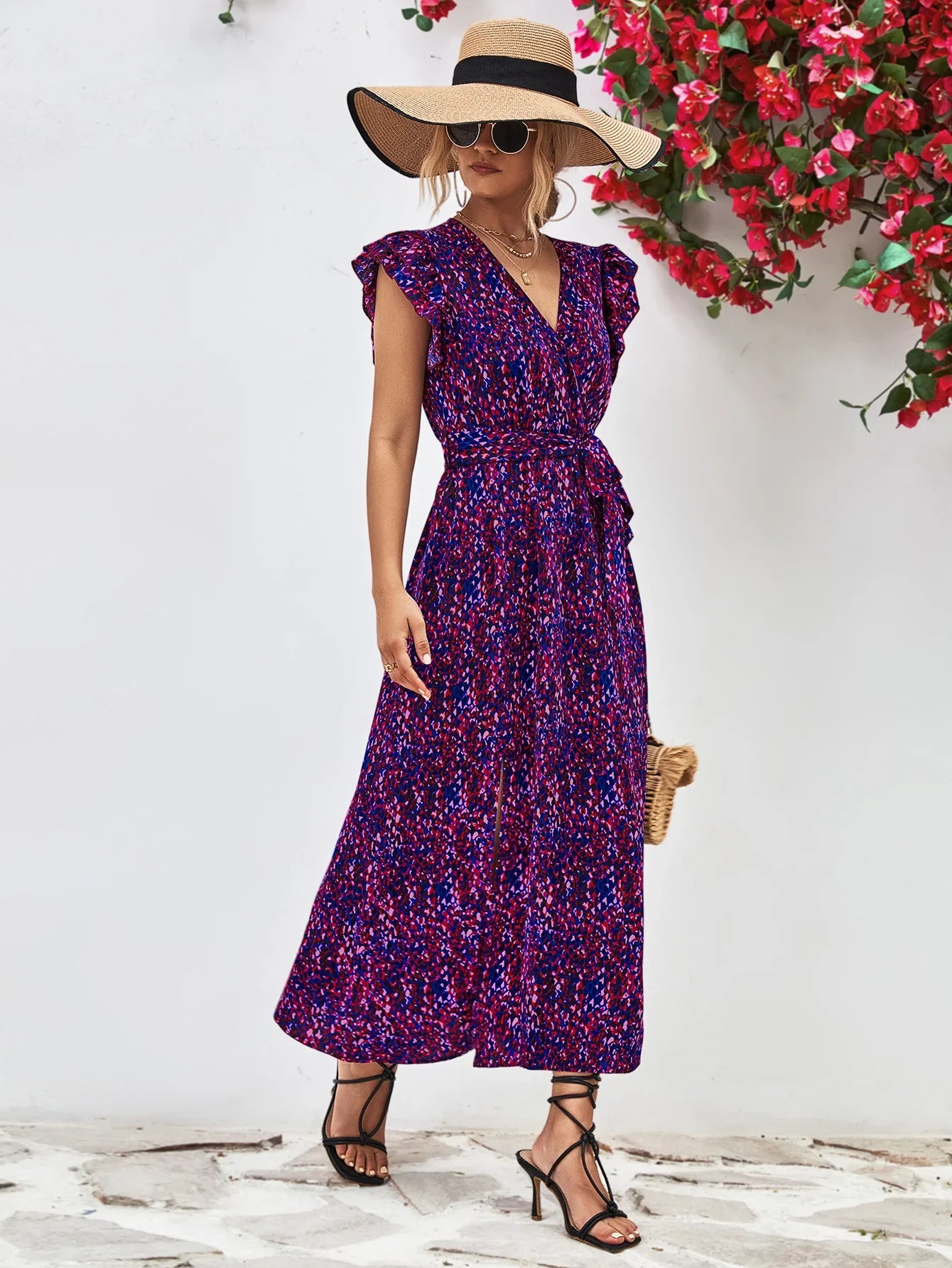 Printed Surplice Neck Flutter Sleeve Slit Dress - Southern Shores Clothing