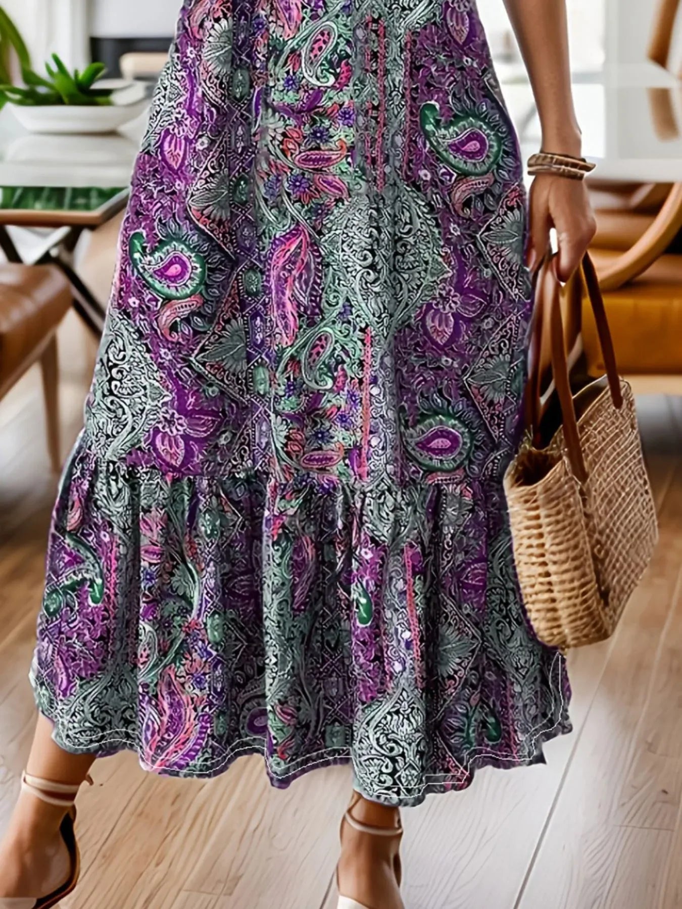 Bohemian Paisley Print Midi Dress With Ruffle Hem Long Sleeve - Southern Shores Clothing