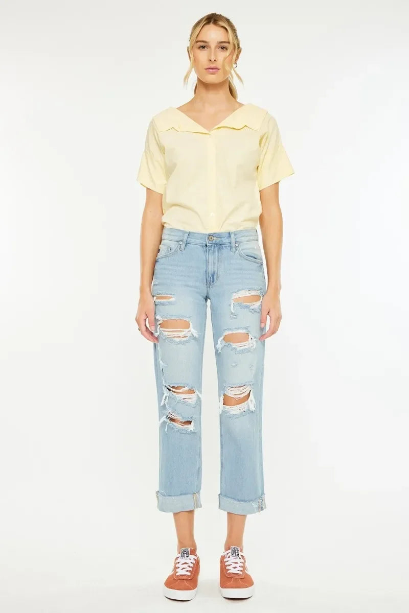 Coastal Distressed Mid Rise Relaxed Boyfriend Jeans