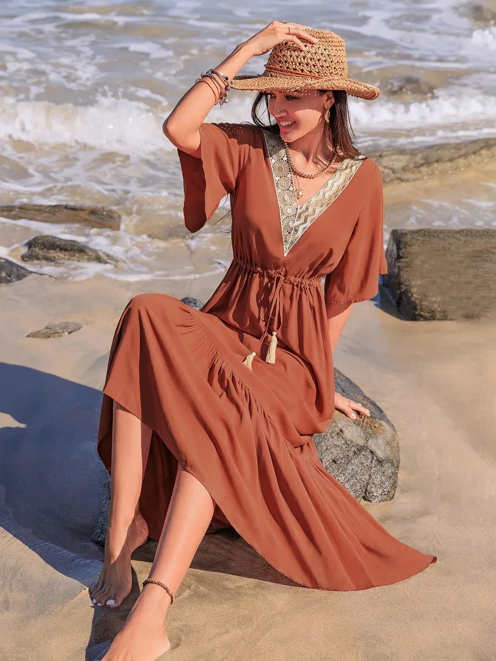 Ruffled Tassel V-Neck Flutter Sleeve Dress With Lace Trim - Southern Shores Clothing