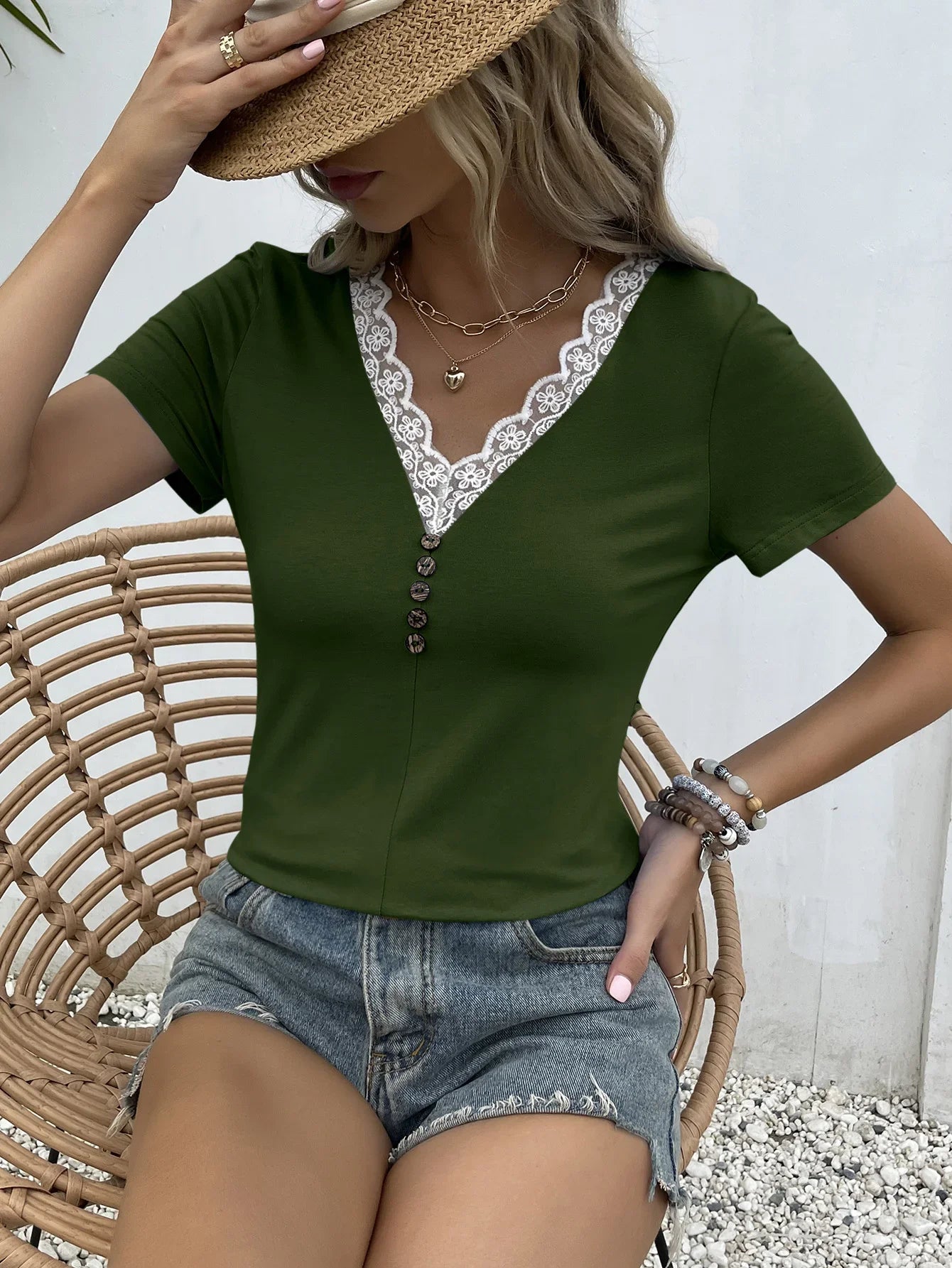 Casual Printed Lace Trim V Neck Short Sleeve Blouse - Southern Shores Clothing