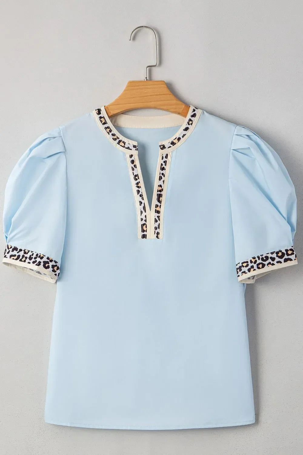 Contrast Leopard Trim Split Neck Puff Sleeve Blouse - Southern Shores Clothing