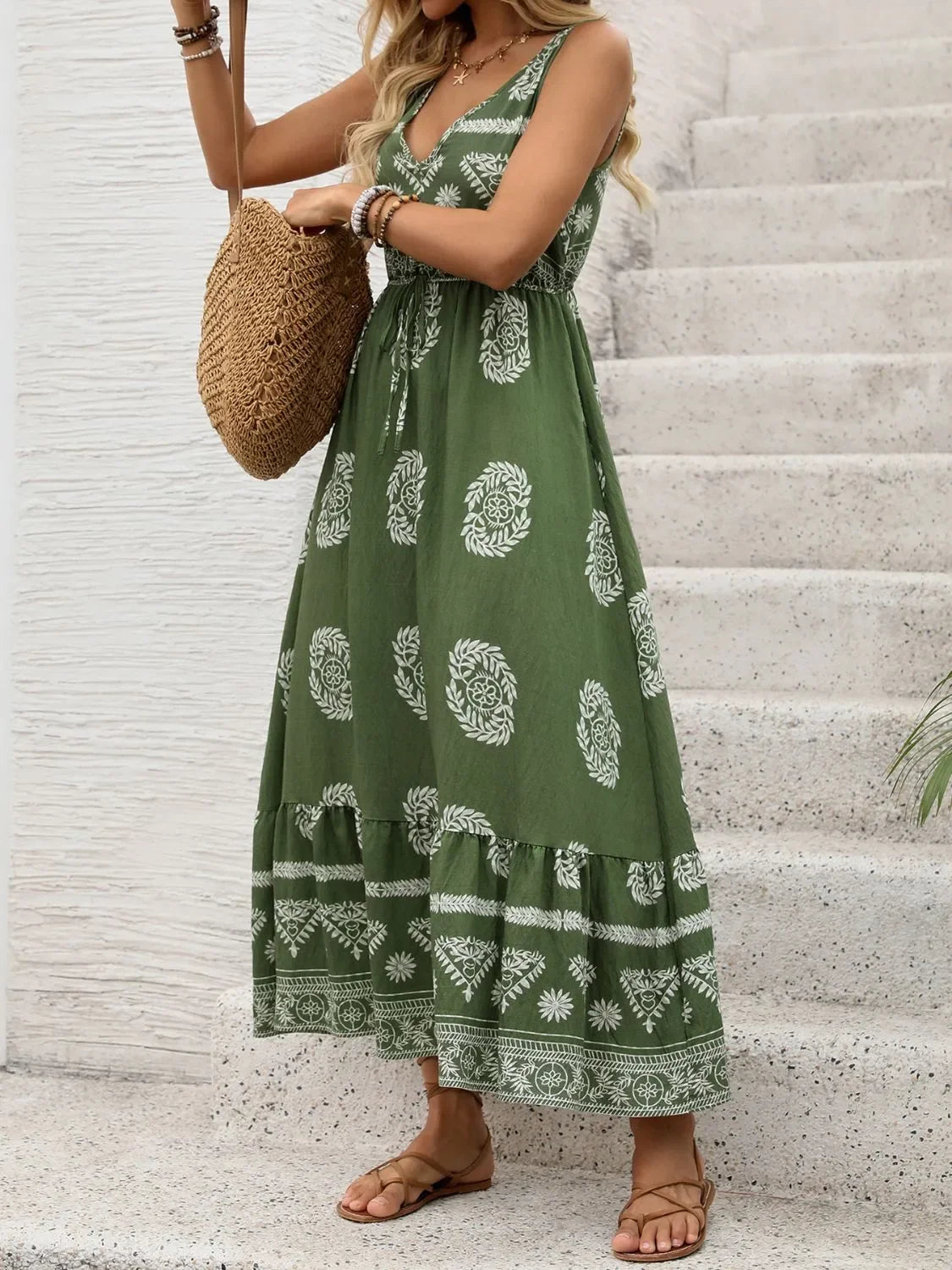 Printed V-Neck Sleeveless Maxi Dress With Tie Waist Tiered Hem - Southern Shores Clothing