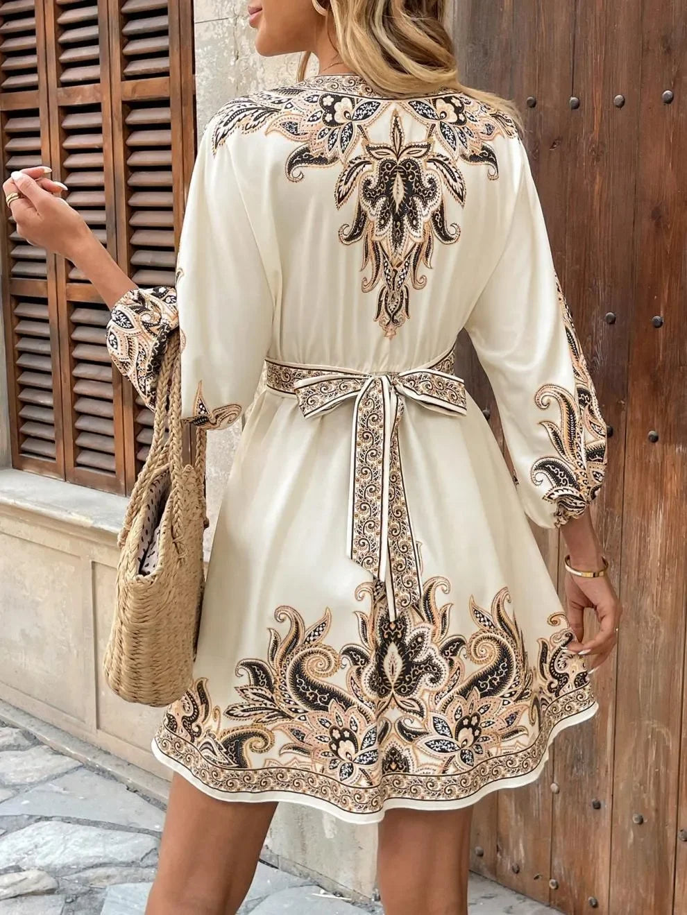 Paisley Print V Neck Mini Dress Tie Belt Three Quarter Sleeve - Southern Shores Clothing