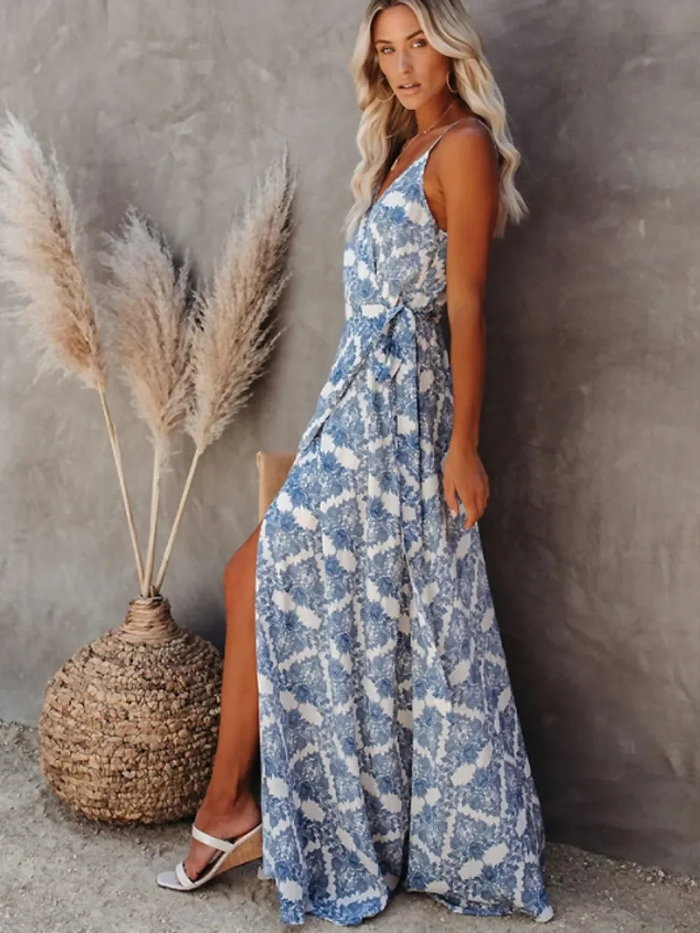 Versatile Printed Tied Maxi Camisole Dress With Side Slit Detail - Southern Shores Clothing