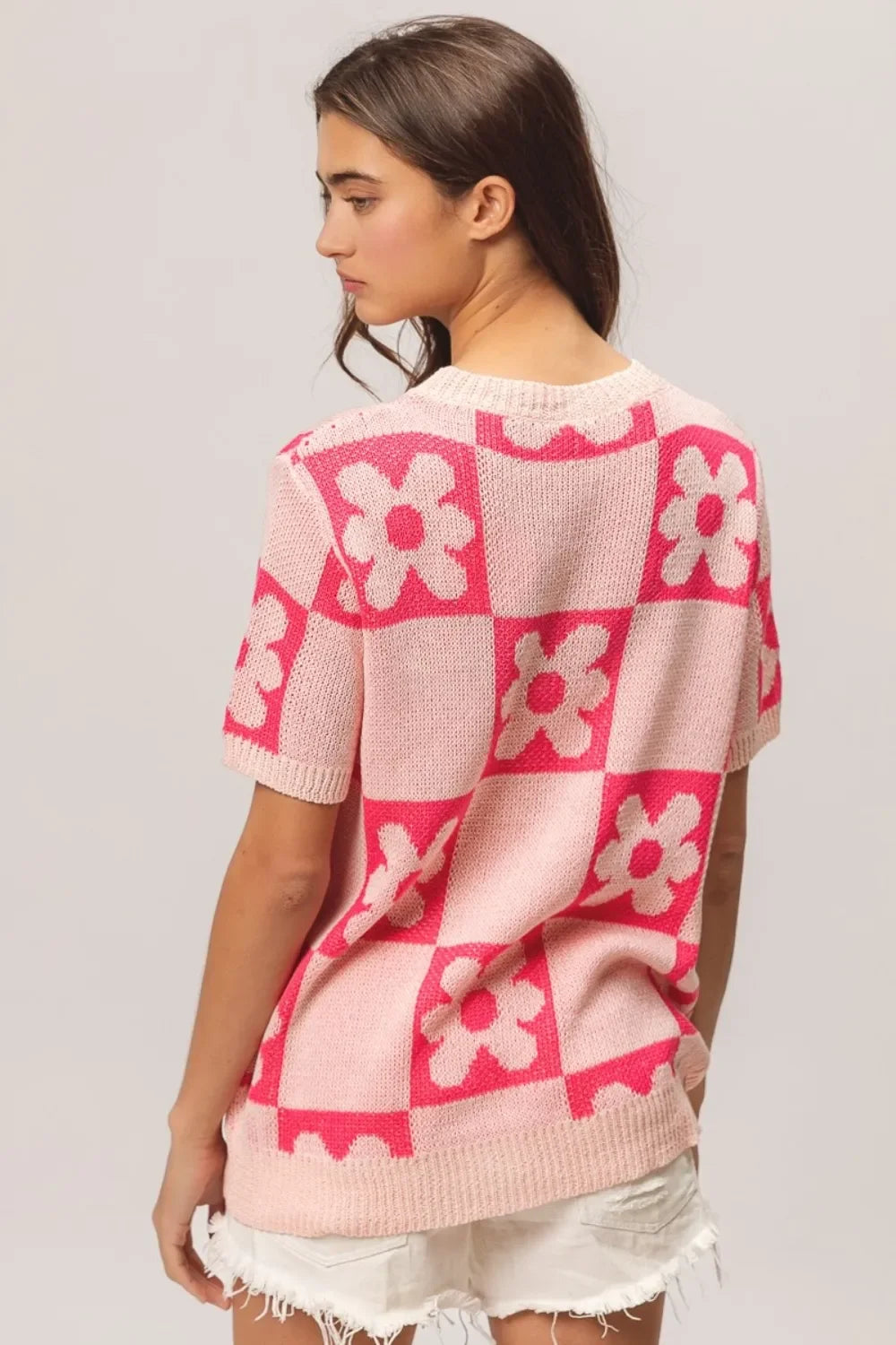 Floral Checker Pattern Short Sleeve Knit Sweater Relaxed Fit - Southern Shores Clothing