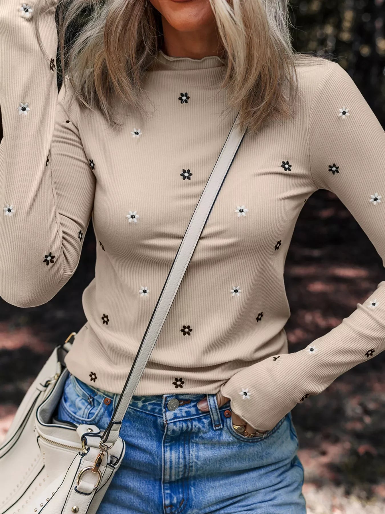 Floral Embroidered Detail Ribbed Long Sleeve Top - Southern Shores Clothing