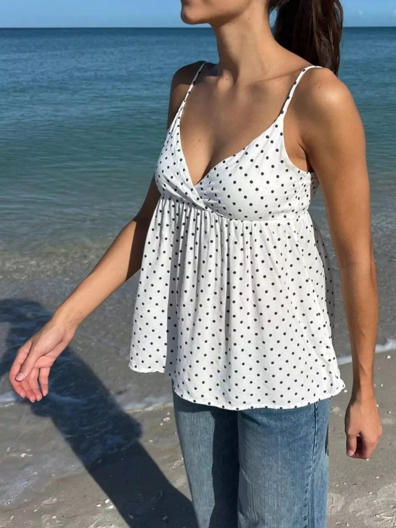 Flowy V Neck Polka Dot Camisole With Adjustable Spaghetti Straps - Southern Shores Clothing