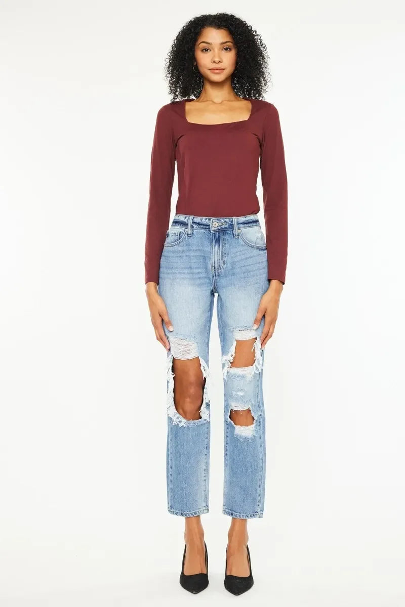 High Rise Distressed Boyfriend Jeans Stretch Denim - Southern Shores Clothing