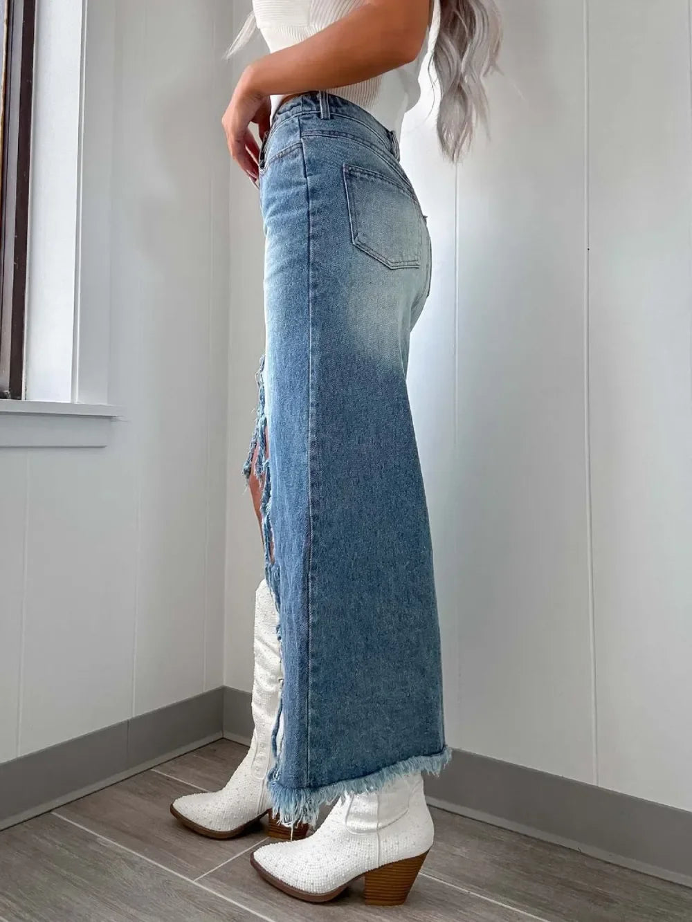 High-Waist Denim Skirt With Raw Hem Asymmetry - Southern Shores Clothing