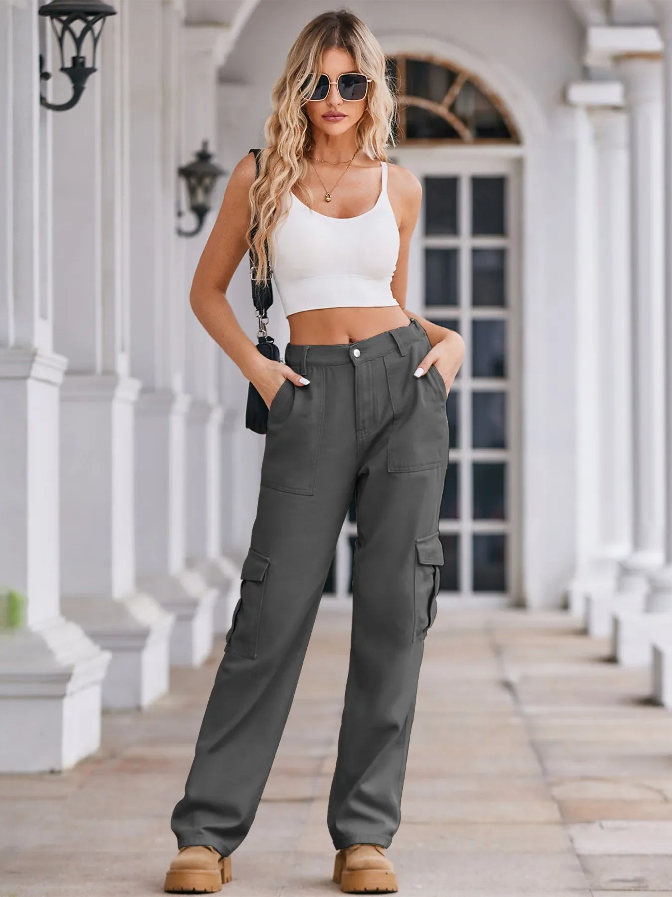 High-Waisted Stretch Cargo Jeans With Pockets - Southern Shores Clothing