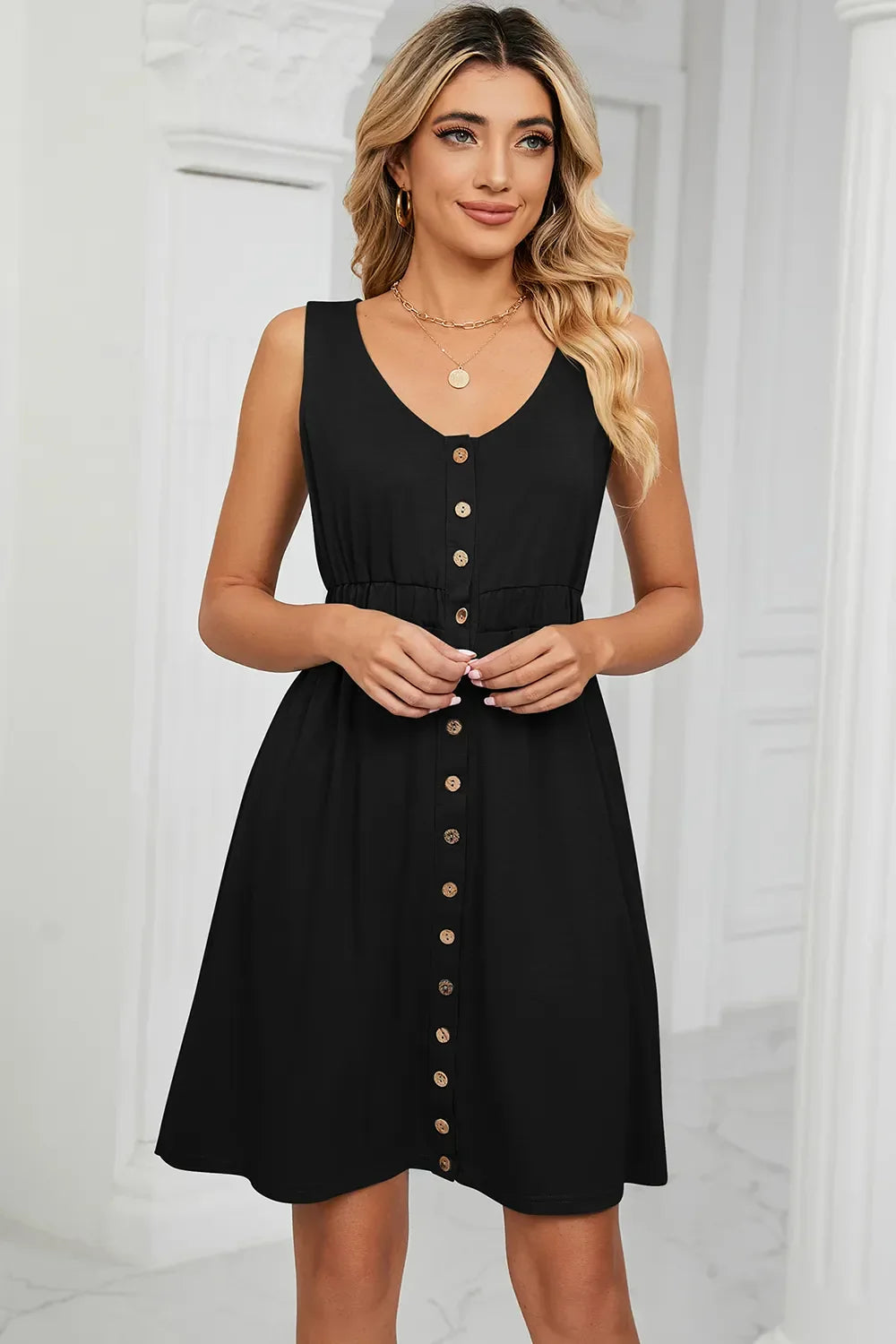 Buttoned Wide Strap Mini Dress - Southern Shores Clothing