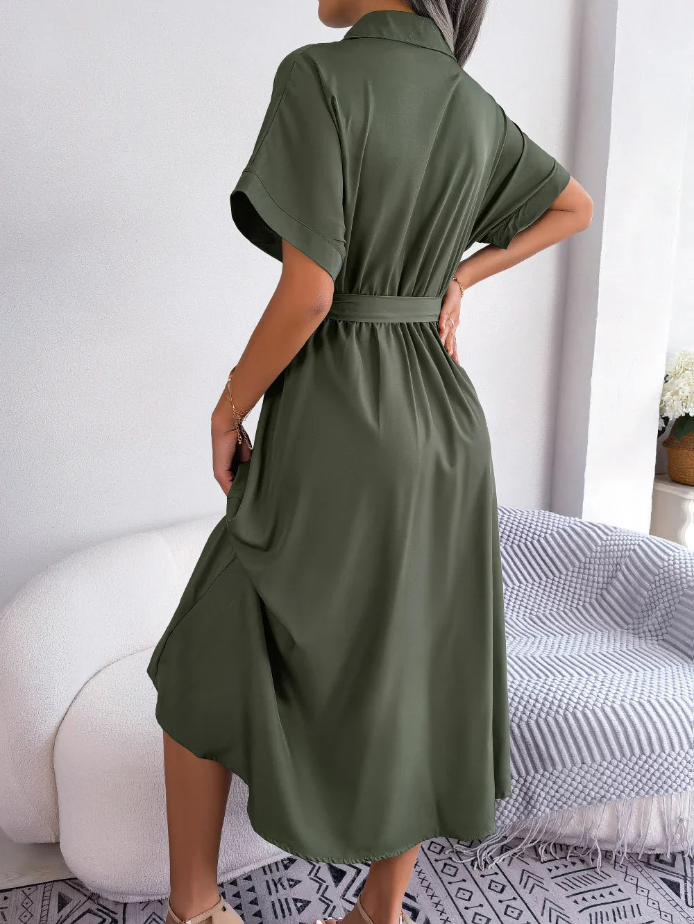 Short Sleeve Collared Tie Belt Dress - Southern Shores Clothing