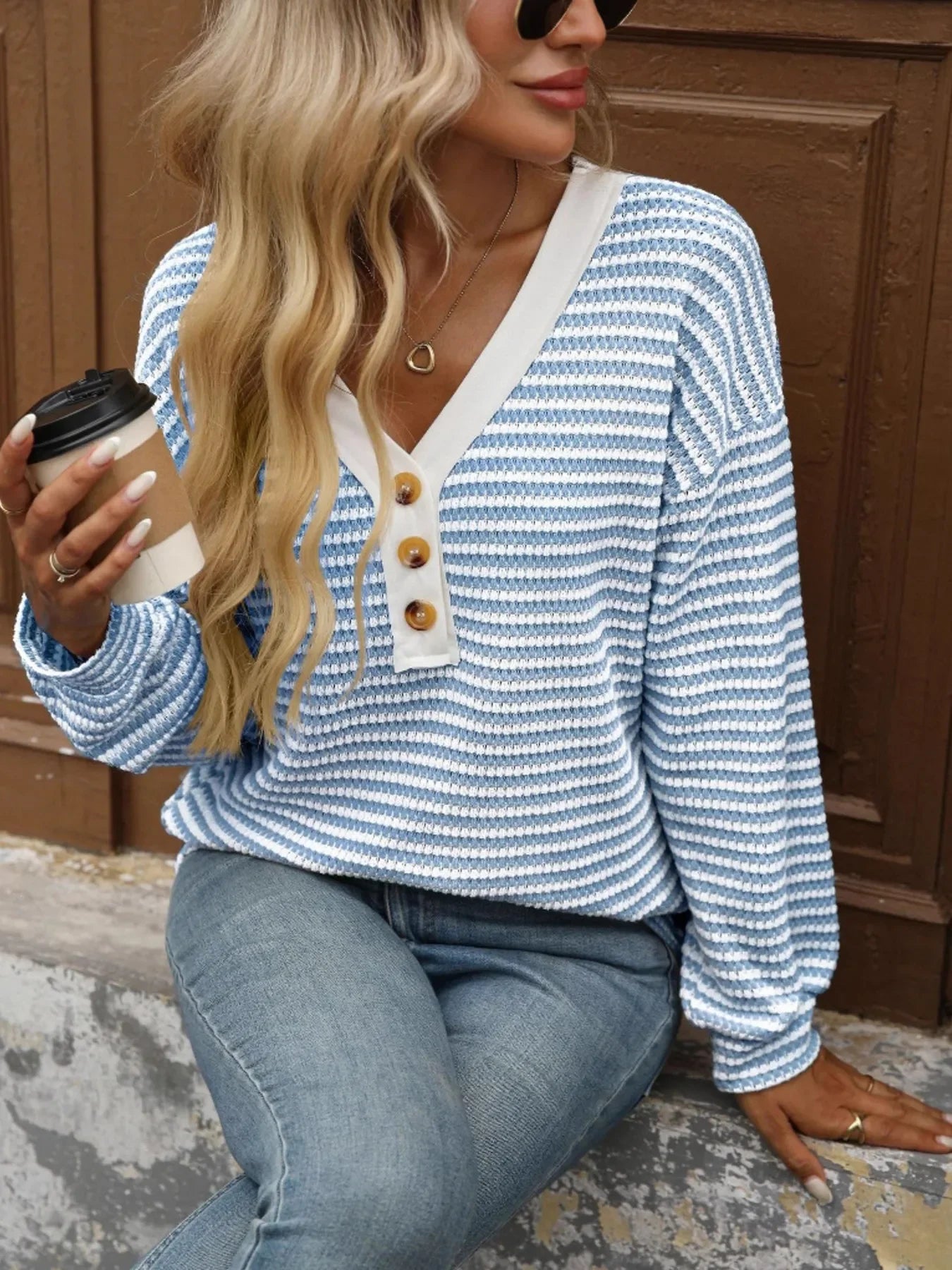 Striped V-Neck Button Front Casual Top - Southern Shores Clothing