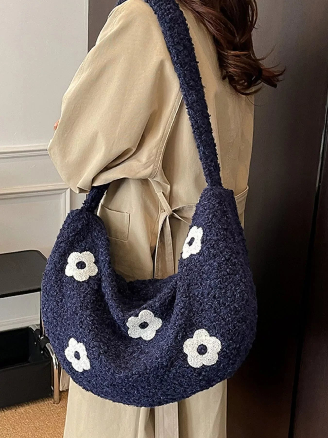 Floral Plush Crossbody Bag With Soft Pile Fabric - Southern Shores Clothing