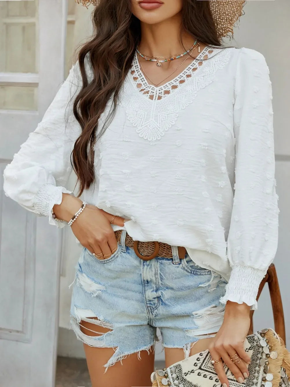 Swiss Dot Lace Detail V-Neck Long Sleeve Blouse - Southern Shores Clothing
