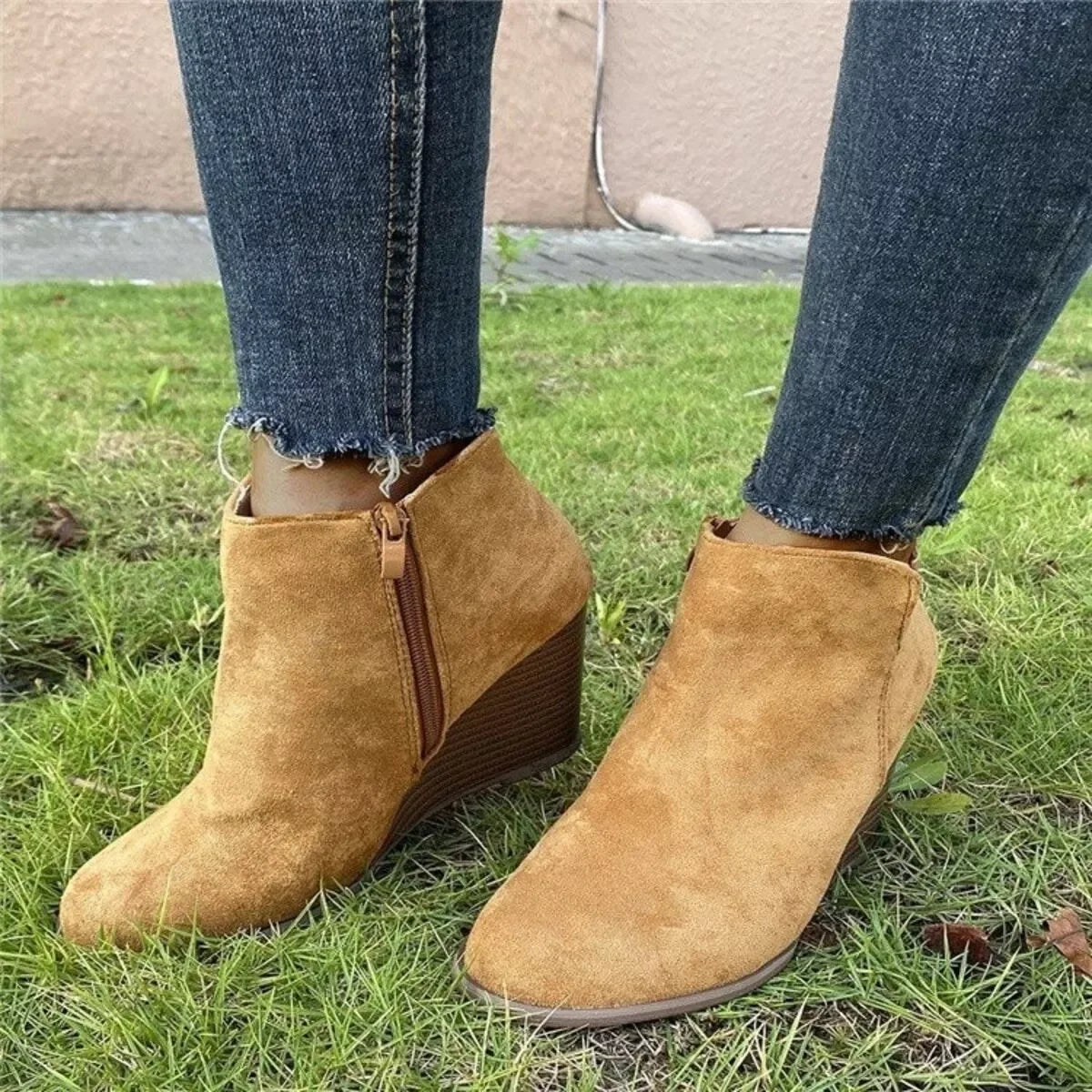 Suede Wedge Boots With Side Zipper Closure - Southern Shores Clothing