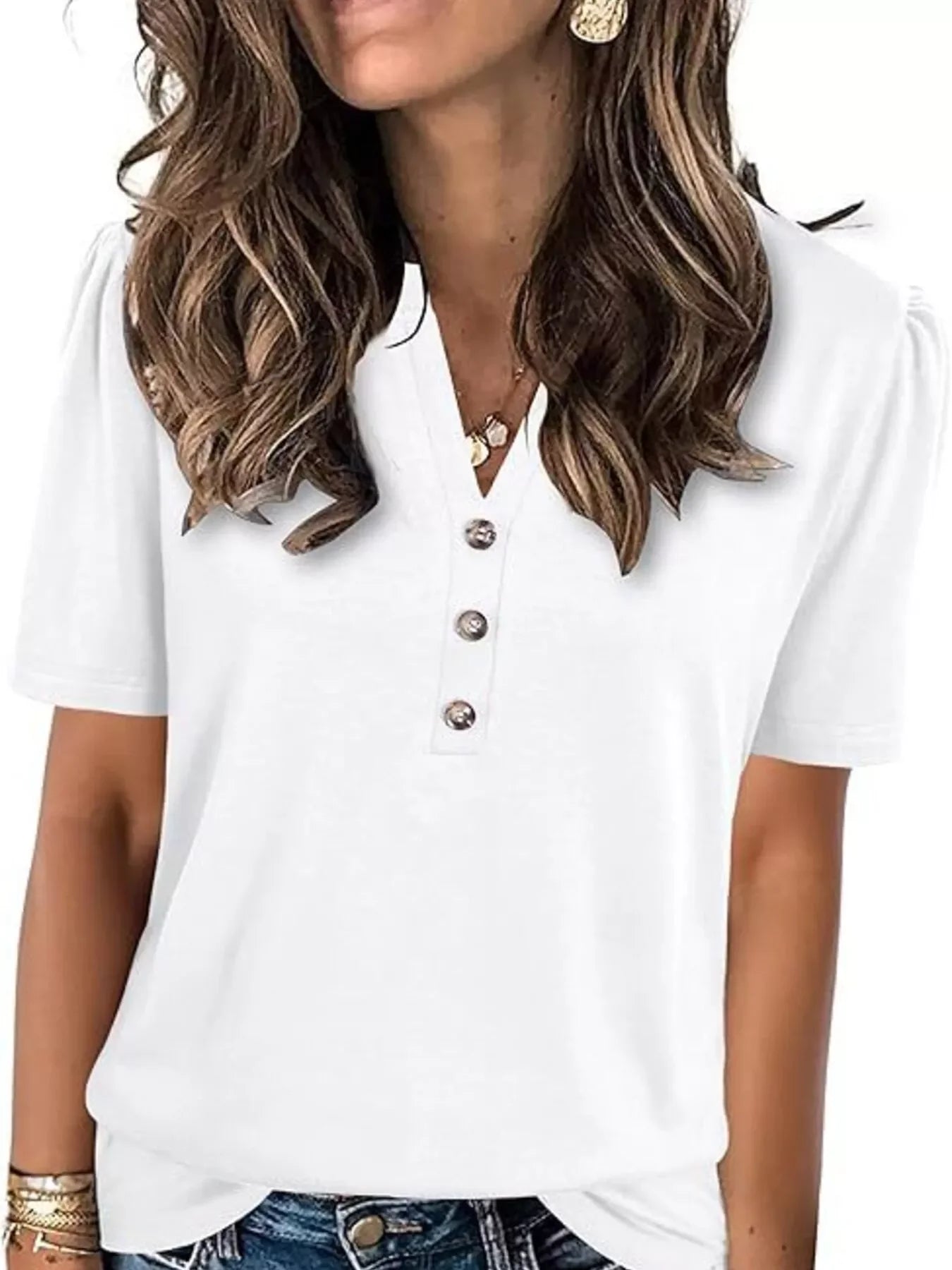 Notched Short Sleeve Blouse Plus Size - Southern Shores Clothing