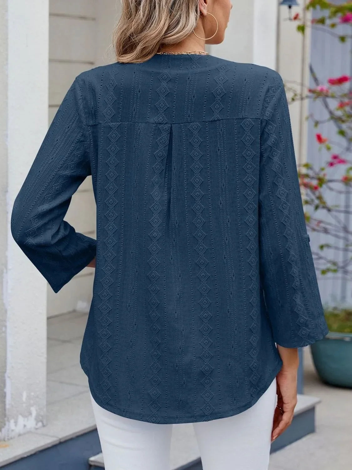 Eyelet Notched Roll-Tab Sleeve Top For Everyday Casual Wear - Southern Shores Clothing