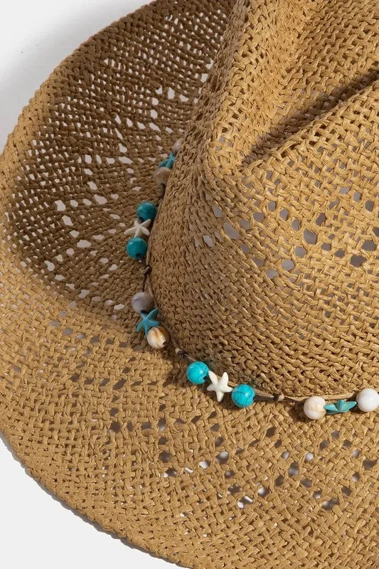 One Size Beaded Shell Strap Western Straw Hat Boho