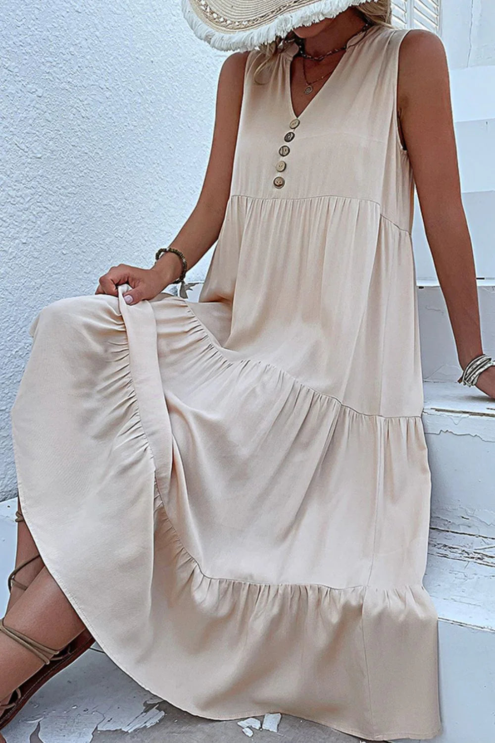 Decorative Button Sleeveless Tiered Dress - Southern Shores Clothing