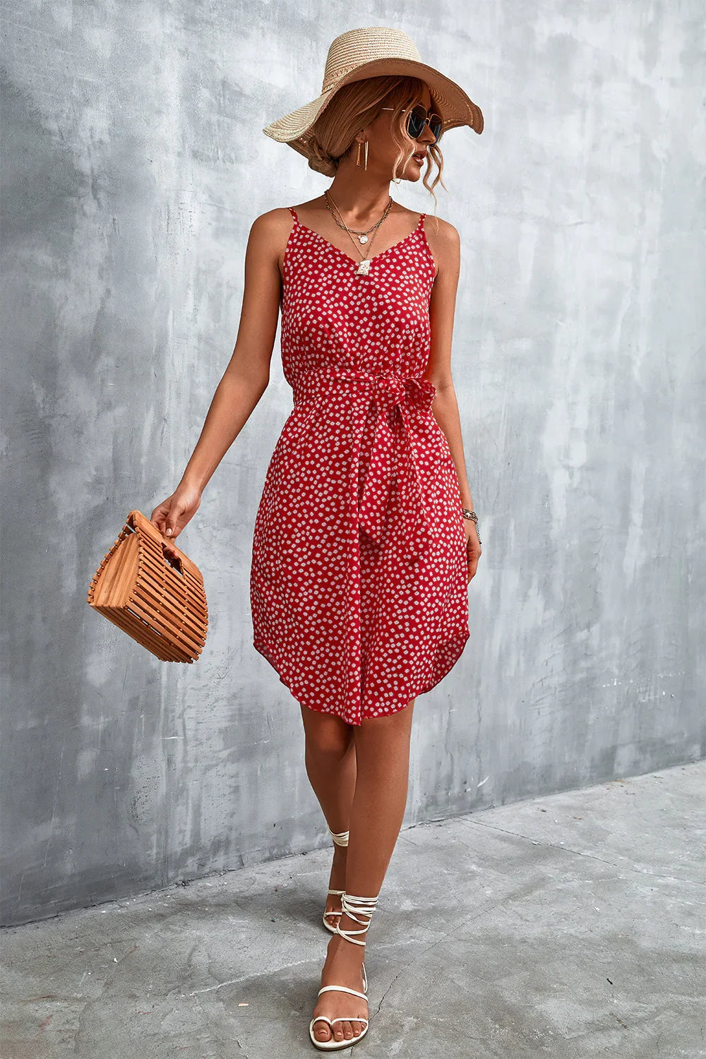 Printed V-Neck Tie Waist Mini Dress - Southern Shores Clothing