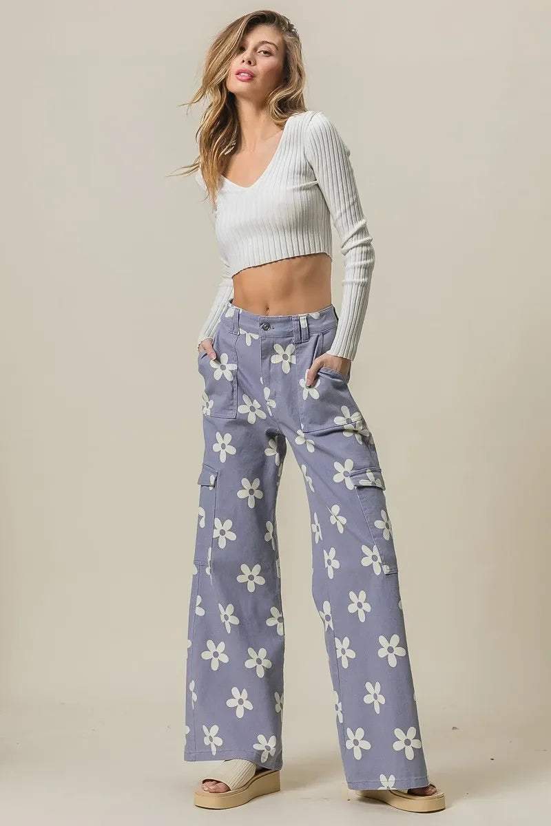 Floral Printed Wide Leg Pants With Pockets - Southern Shores Clothing