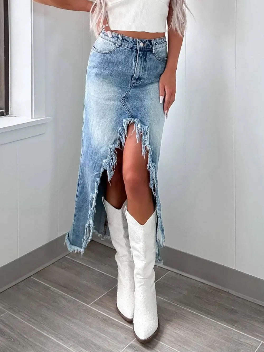 High-Waist Denim Skirt With Raw Hem Asymmetry - Southern Shores Clothing