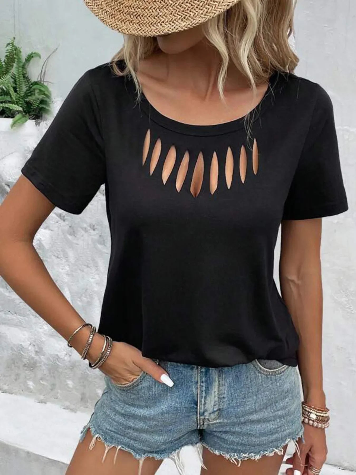 Hollow Out Neckline Short Sleeve T Shirt - Southern Shores Clothing