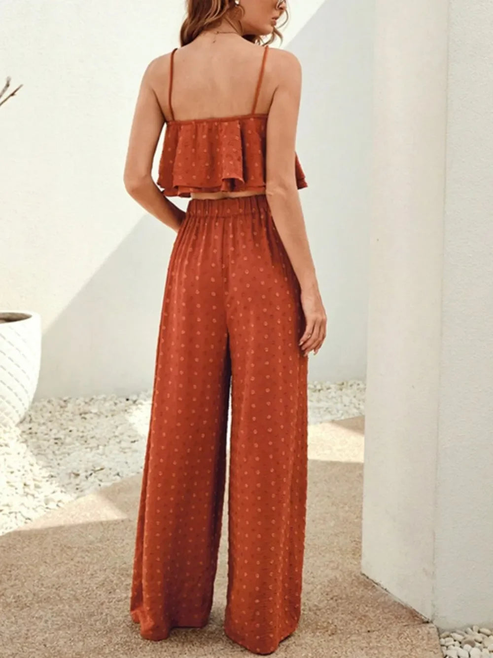 Swiss Dot Layered Cami And Wide Leg Pants Set Polyester Blend - Southern Shores Clothing