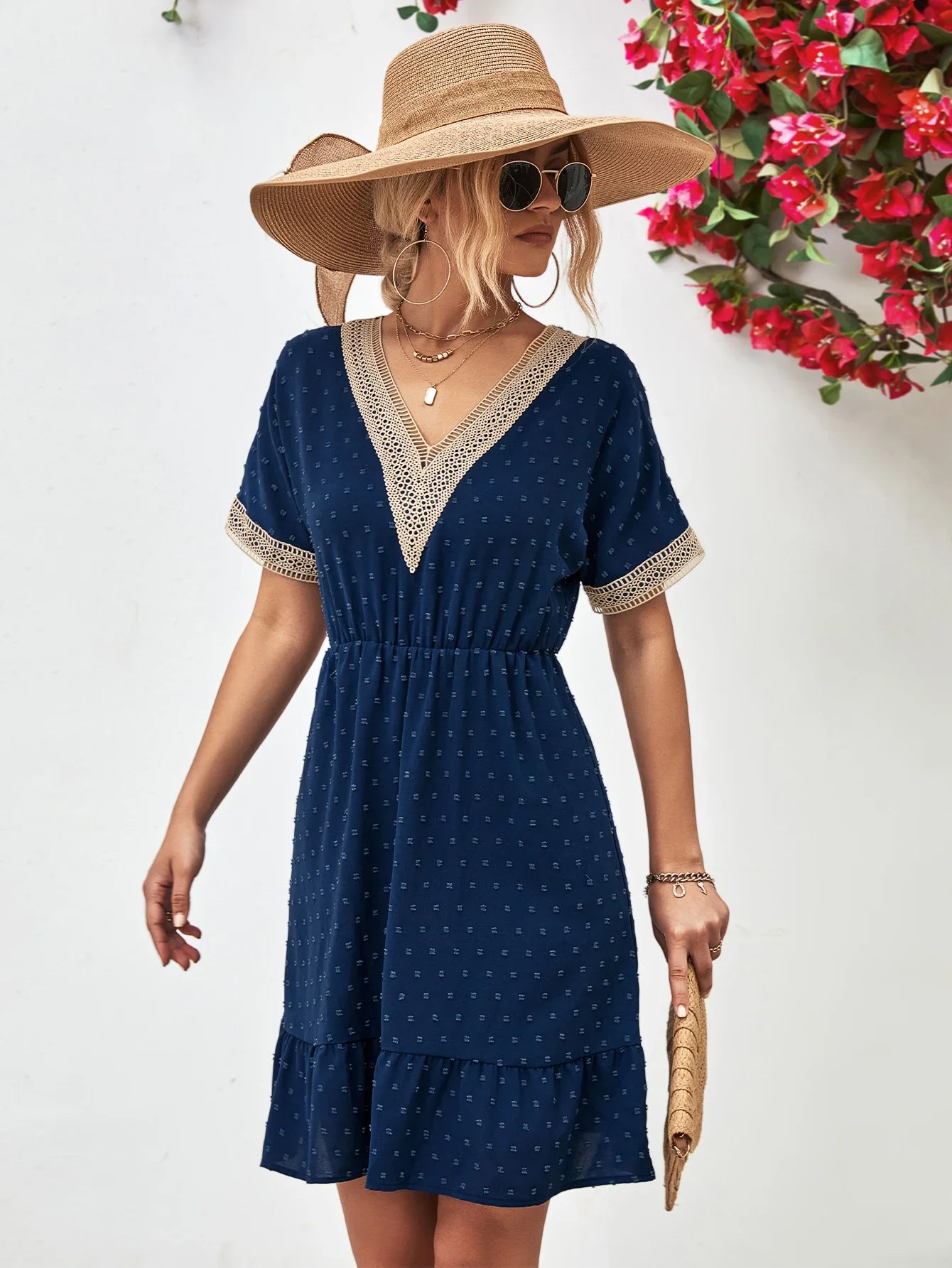 Contrast V-Neck Short Sleeve Mini Dress - Southern Shores Clothing