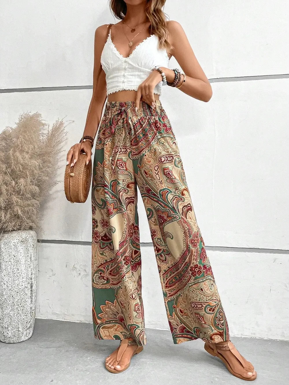 Printed Wide Leg Pants With Paisley Print Drawstring Waist - Southern Shores Clothing