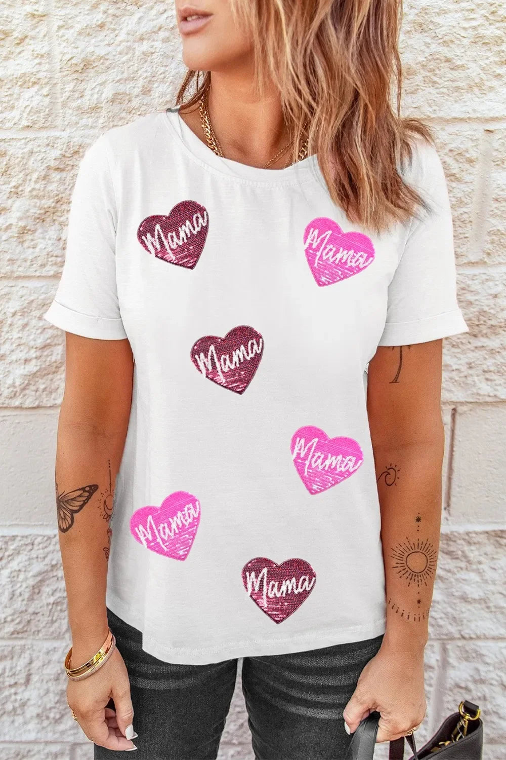 Heart Shape Sequin Patched Crew Neck T Shirt - Southern Shores Clothing