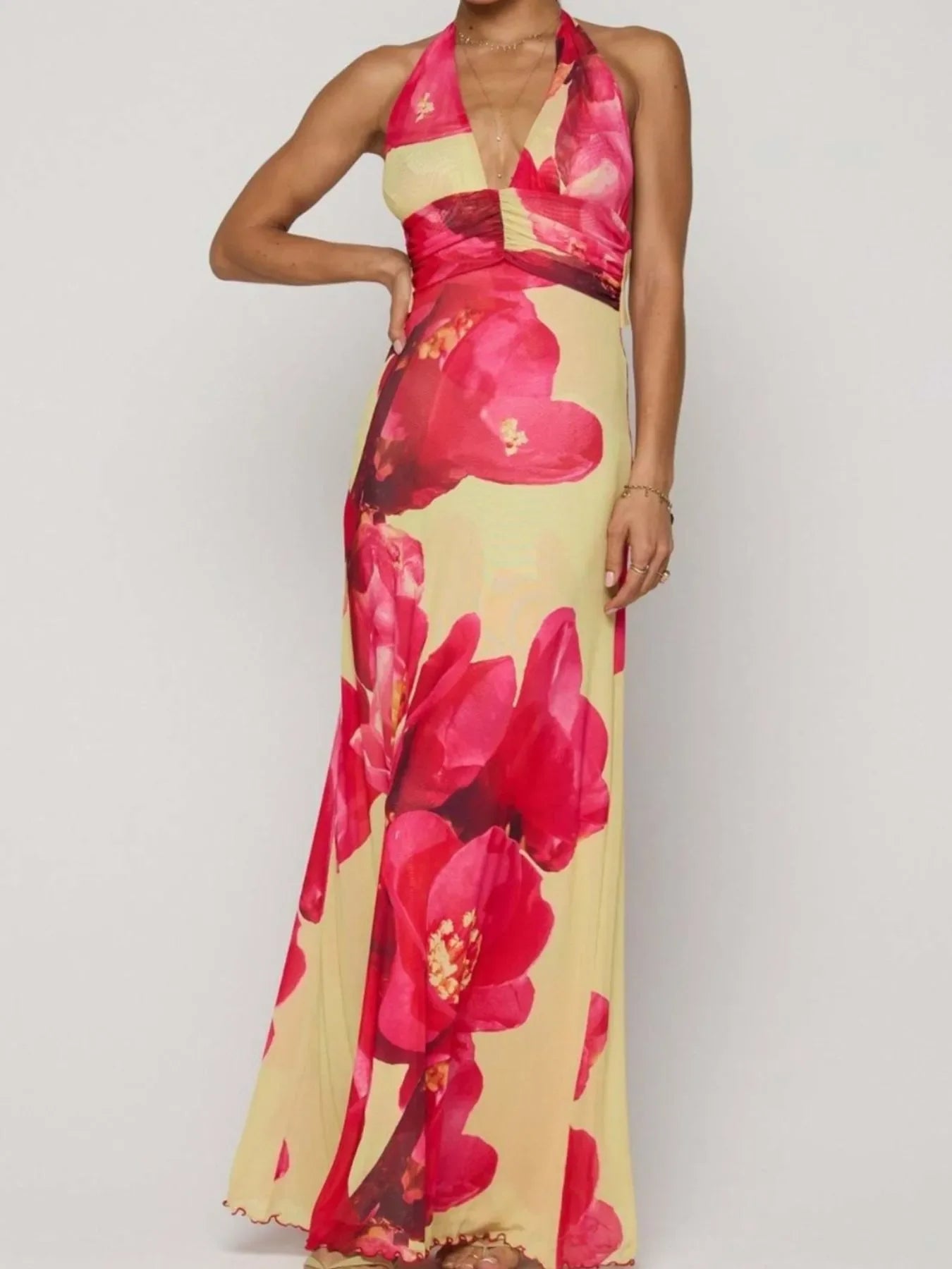 Floral Halter Neck Deep V Maxi Dress Beachwear - Southern Shores Clothing