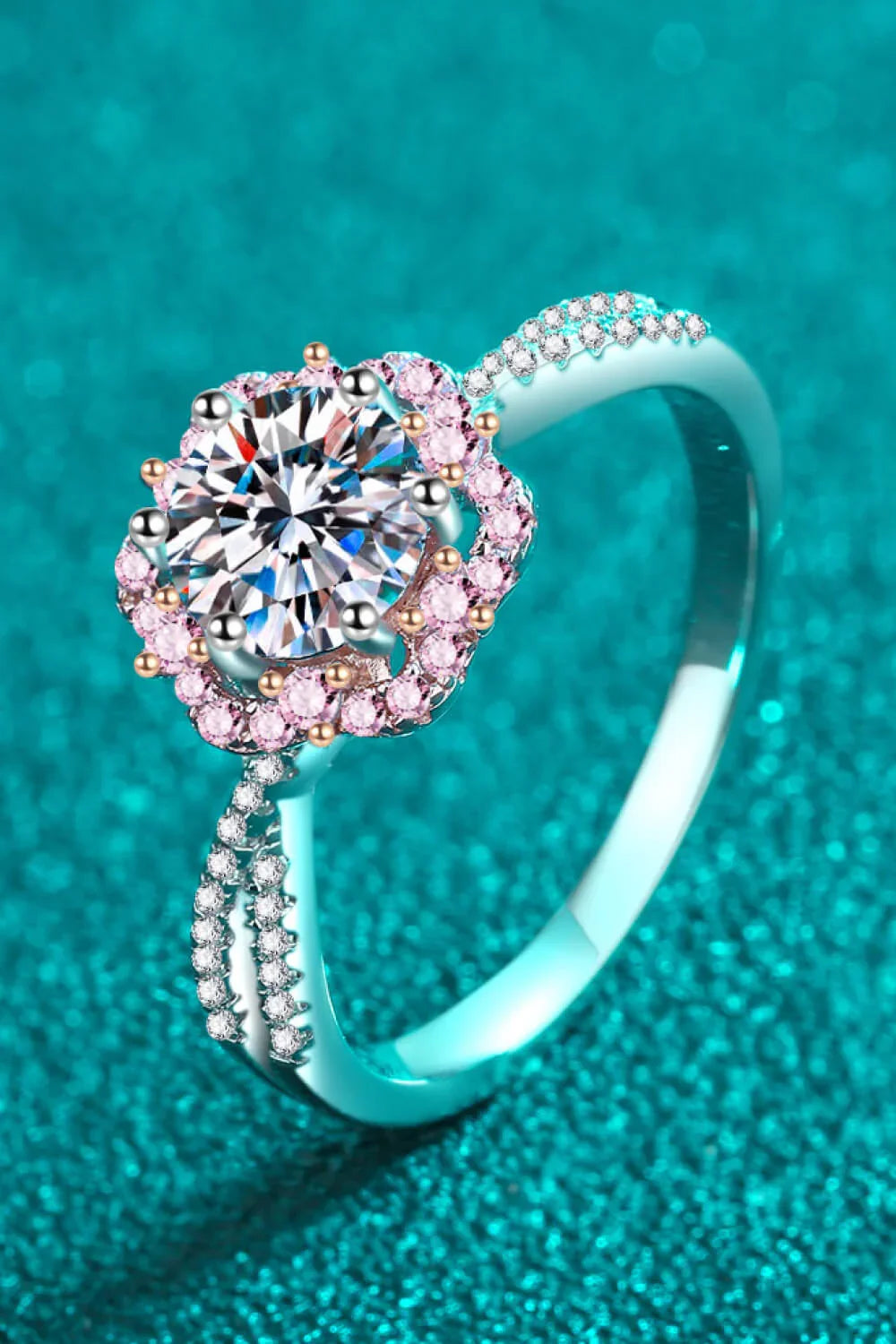 1 Carat Moissanite Flower Crisscross Ring With Pink Halo - Southern Shores Clothing