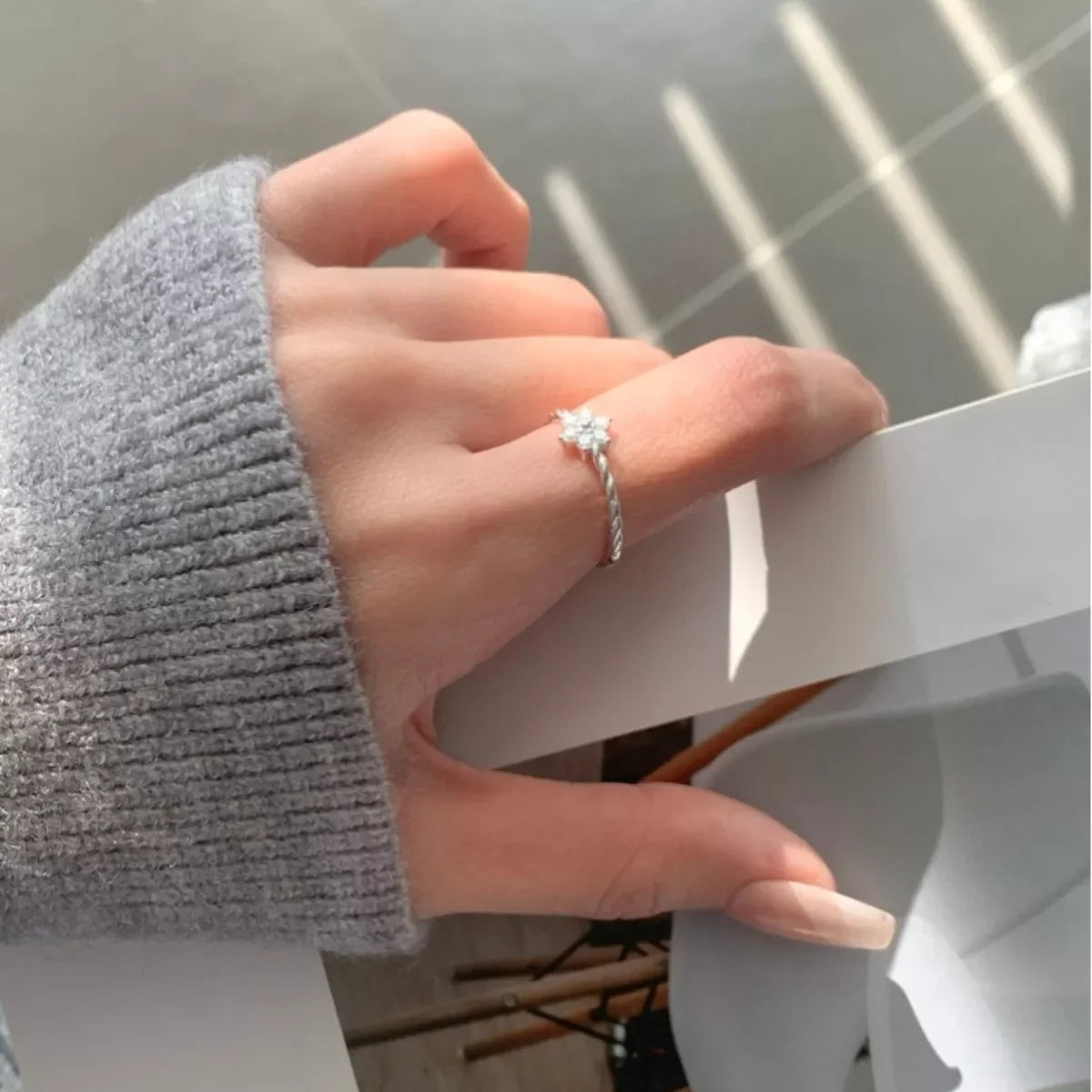 Sterling Silver Zircon Flower Ring With Open Band Design - Southern Shores Clothing