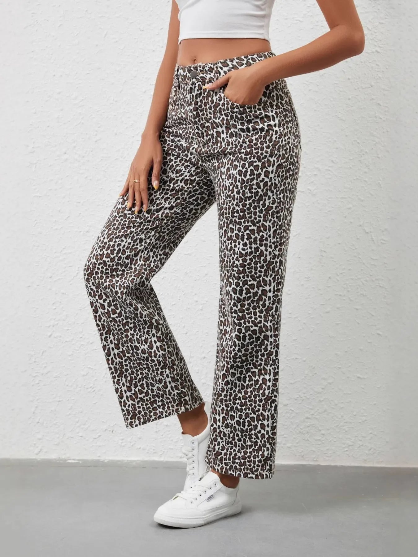 Leopard Print Wide Leg Denim Jeans With Stretch - Southern Shores Clothing