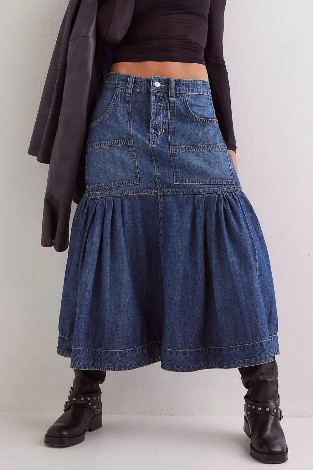 Relaxed Fit Midi Denim Skirt With Pockets - Southern Shores Clothing