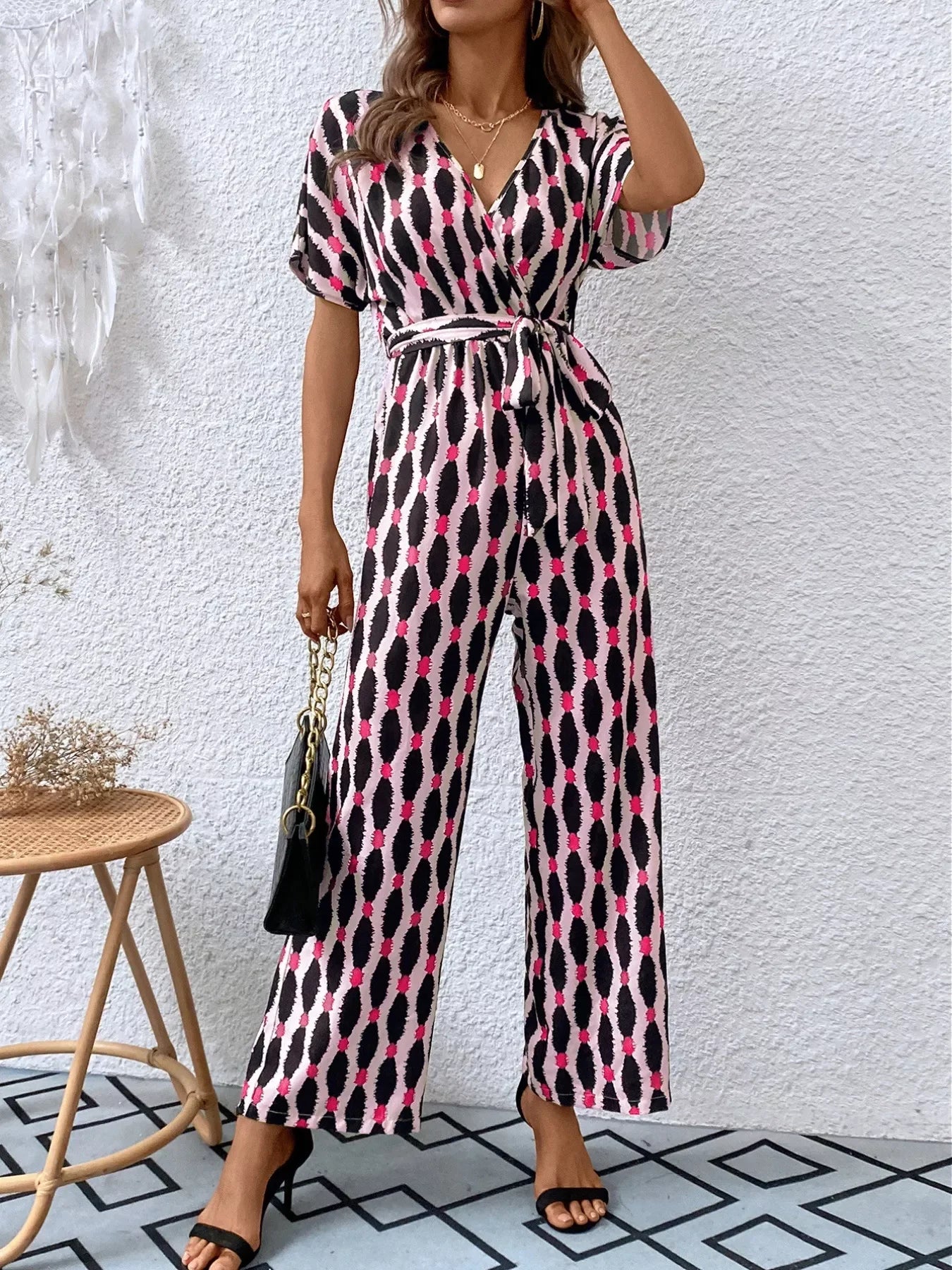 Printed Surplice Tie Waist Short Sleeve Jumpsuit - Southern Shores Clothing